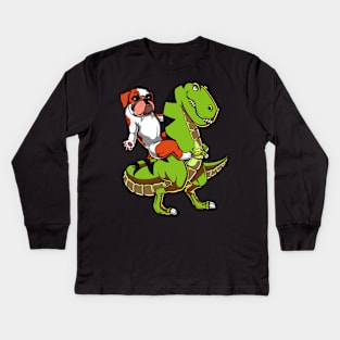 English Bulldog Riding T-Rex Dinosaur Kids Long Sleeve T-Shirt